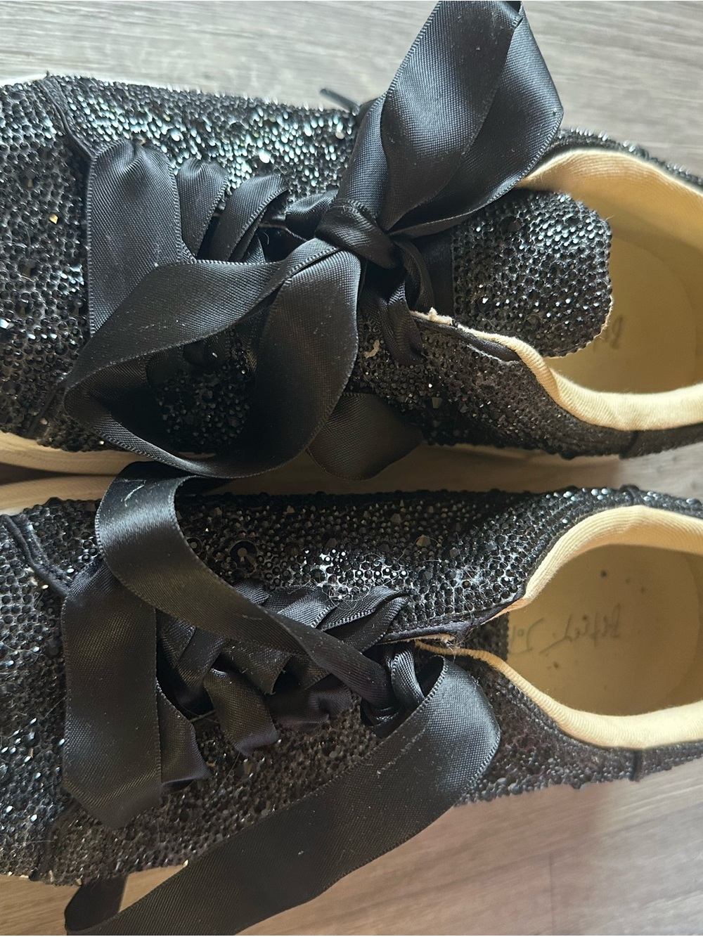 Betsey Johnson Black Crystal-Embellished Ribbon Sneakers